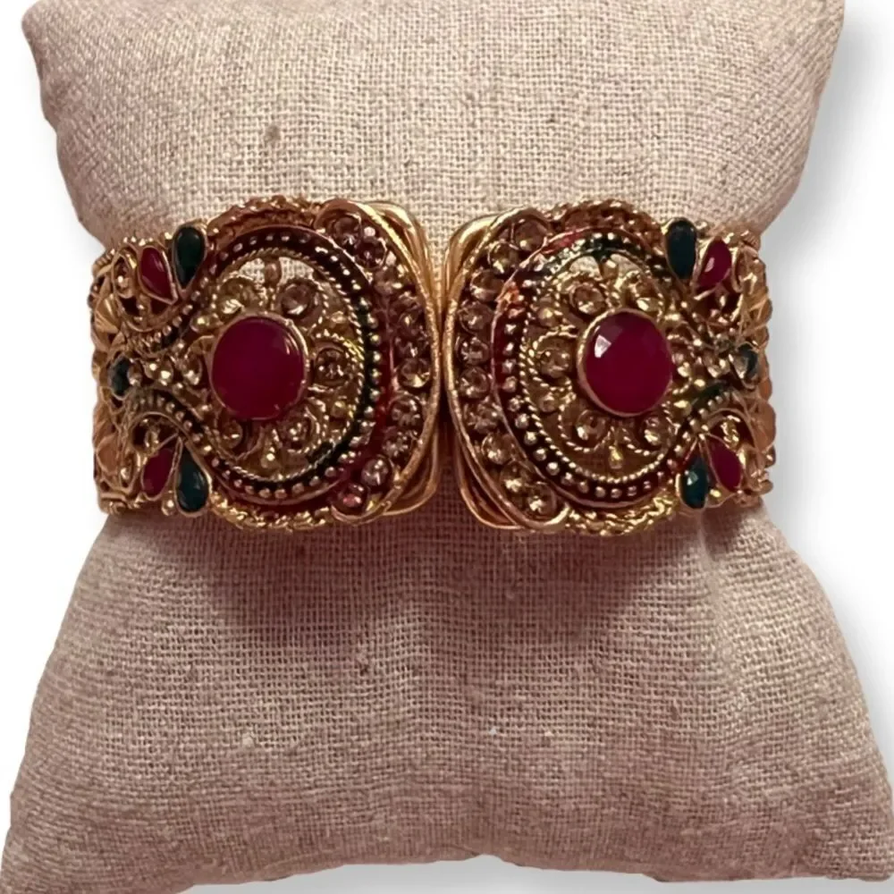 Indian Style Red Green Stone Gold Clamper Bracelet